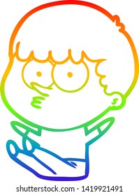 rainbow gradient line drawing of a cartoon boy sat waiting