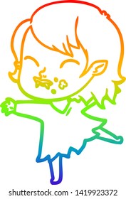 rainbow gradient line drawing of a cartoon vampire girl with blood on cheek
