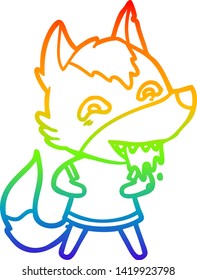 rainbow gradient line drawing of a cartoon hungry wolf
