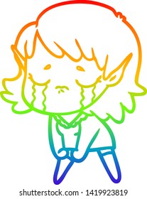 rainbow gradient line drawing of a cartoon crying elf girl