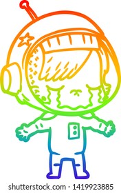 rainbow gradient line drawing of a cartoon crying astronaut girl