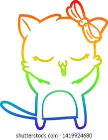rainbow gradient line drawing of a cartoon cat with bow on head