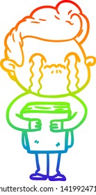rainbow gradient line drawing of a cartoon man crying