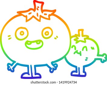 rainbow gradient line drawing of a cartoon happy tomatoes