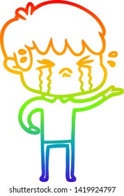 Regenbogen-Farbverlauf-Linie Zeichnung eines Cartoon-Jungen weinend