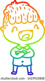 rainbow gradient line drawing of a cartoon happy boy laughing