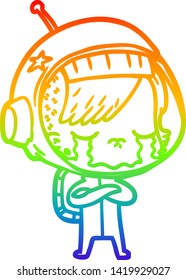 rainbow gradient line drawing of a cartoon crying astronaut girl