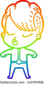 Regenbogen-Farbverlauf-Linie Zeichnung einer Cartoon hübschen hipster Mädchen
