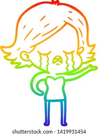 Regenbogen-Farbverlauf-Linie Zeichnung einer Cartoon Mädchen weinend