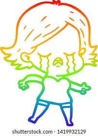rainbow gradient line drawing of a cartoon girl crying and pointing
