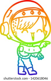 rainbow gradient line drawing of a cartoon astronaut girl pointing and laughing