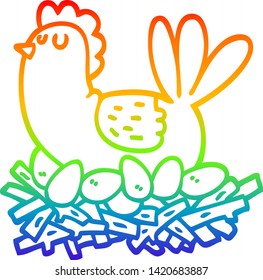 rainbow gradient line drawing of a cartoon chicken on nest of eggs