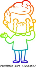 dibujo de una línea de gradiente de arco iris de un hombre de dibujos animados llorando