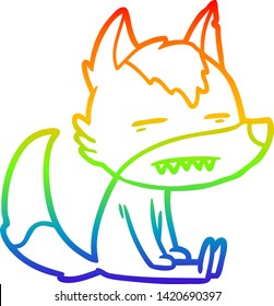 rainbow gradient line drawing of a cartoon sitting  wolf showing teeth