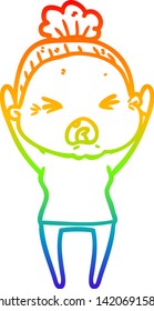 rainbow gradient line drawing of a cartoon angry old woman