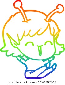 rainbow gradient line drawing of a cartoon alien girl laughing