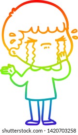 dibujo de una línea de gradiente de arco iris de un hombre de dibujos animados llorando