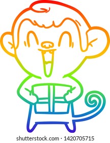 rainbow gradient line drawing of a cartoon laughing monkey