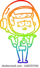 rainbow gradient line drawing of a cartoon tired astronaut