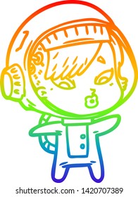 rainbow gradient line drawing of a cartoon astronaut woman