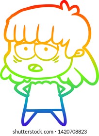rainbow gradient line drawing of a cartoon tired woman