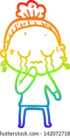 rainbow gradient line drawing of a cartoon old woman crying