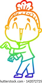 rainbow gradient line drawing of a cartoon happy old lady