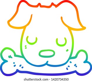 dibujo de línea de gradiente de arco iris de un perro de dibujos animados con hueso