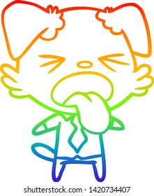 dibujo de una línea de gradiente de arco iris de un perro asqueado con dibujos animados