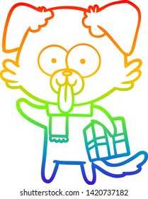 rainbow gradient line drawing of a cartoon dog with christmas present