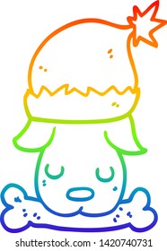 rainbow gradient line drawing of a cartoon christmas dog with bone
