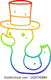 rainbow gradient line drawing of a cartoon duck wearing top hat