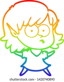 rainbow gradient line drawing of a cartoon elf girl staring