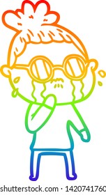 rainbow gradient line drawing of a cartoon crying woman wearing spectacles