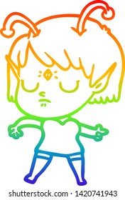 rainbow gradient line drawing of a cartoon alien girl