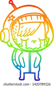 rainbow gradient line drawing of a cartoon crying astronaut girl