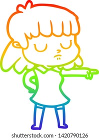 rainbow gradient line drawing of a cartoon indifferent woman pointing