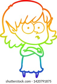 rainbow gradient line drawing of a cartoon elf girl staring