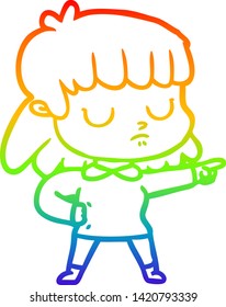 rainbow gradient line drawing of a cartoon indifferent woman accusing