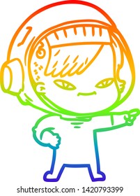 rainbow gradient line drawing of a cartoon astronaut woman