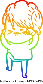 rainbow gradient line drawing of a cartoon frustrated woman