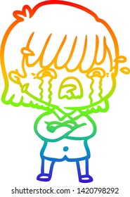 Regenbogen-Farbverlauf-Linie Zeichnung einer Cartoon Mädchen weinend