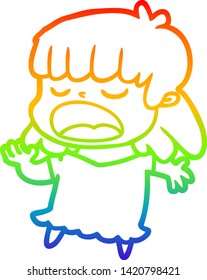 rainbow gradient line drawing of a cartoon woman talking loudly