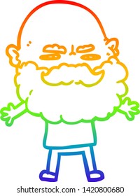rainbow gradient line drawing of a cartoon man with beard frowning
