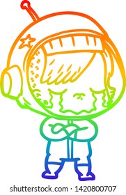 rainbow gradient line drawing of a cartoon crying astronaut girl