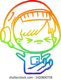 rainbow gradient line drawing of a cartoon space girl throwing a tantrum