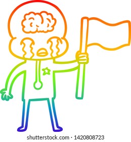 rainbow gradient line drawing of a cartoon crying big brain alien waving a flag