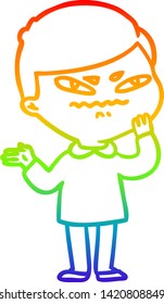 rainbow gradient line drawing of a cartoon angry man
