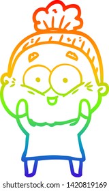 rainbow gradient line drawing of a cartoon happy old woman