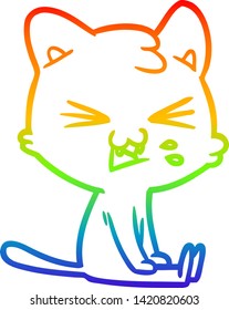 rainbow gradient line drawing of a cartoon cat hissing